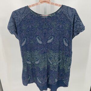 Lucky Brand Womens Short Sleeve Top Sz 1X Blue Paisley Round Neck Boho Hippie